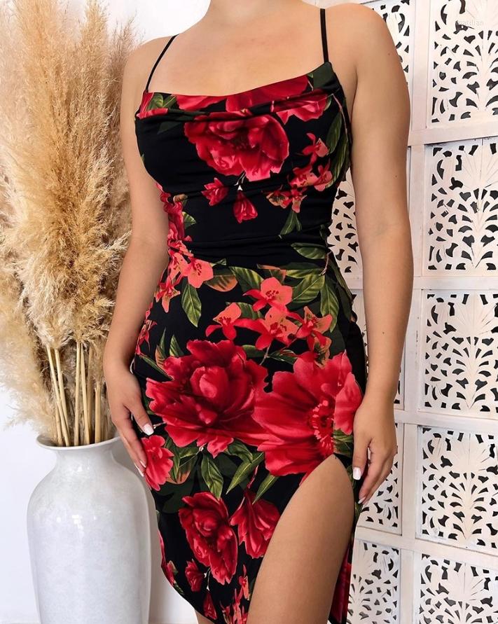 

Casual Dresses Sexy Women' 2023 Summer Fashion Floral Print Slit Sleeveless Spaghetti Strap Skinny Cowl Neck Daily Mini Dress