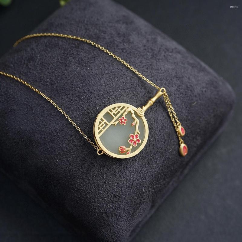 

Chains Chinese Style Ancient Small Fan Plum Tassel Gold-Plated Astringent Imitation Hetian Jade Enamel Necklace For Women AXL103