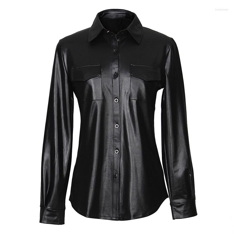 

Women' Blouses Streetwear Black PU Leather Blouse Women Cardigan Buttons Fashion Women' Shirt Top Long Sleeve Solid Color