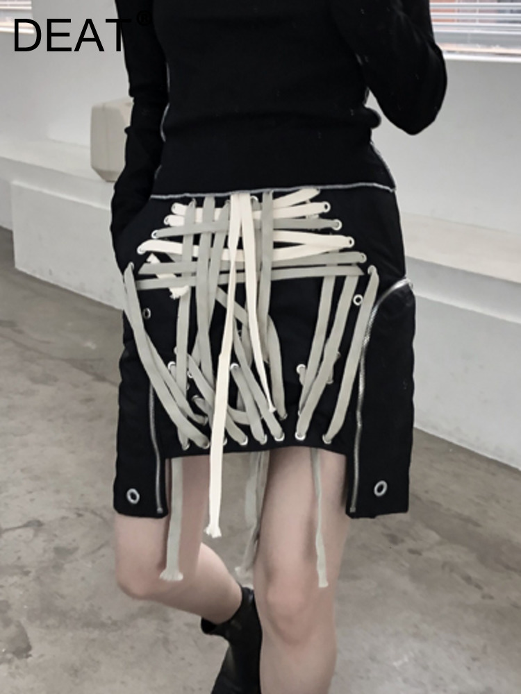 

Women's Shorts DEAT Fashion Women Elastic Waist Straight Contrast Color spliced Bandage Irregular Skirts spring 2023 17A2949 230217, Black