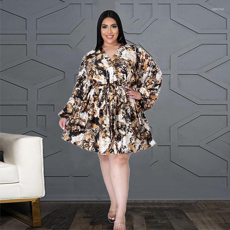 

Plus Size Dresses Dress Women Clothing Long Sleeve Floral Print With Lace Up Ladies Elegant Short Drop Wholesale, Auburn