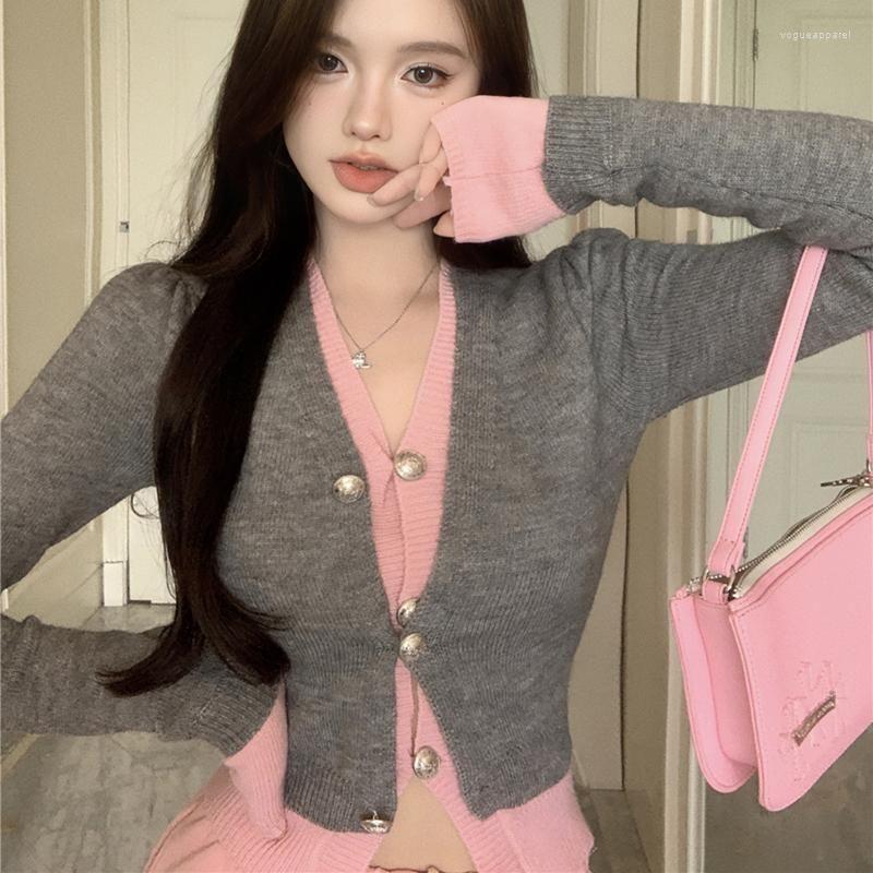 

Women's Knits Stitching V-neck Knitting Women's Cardigan Fake Two Color Long Sleeve Sweater Autumn Winter Sexy Soft Elegant Fashion 2023, Grey pink cardigan