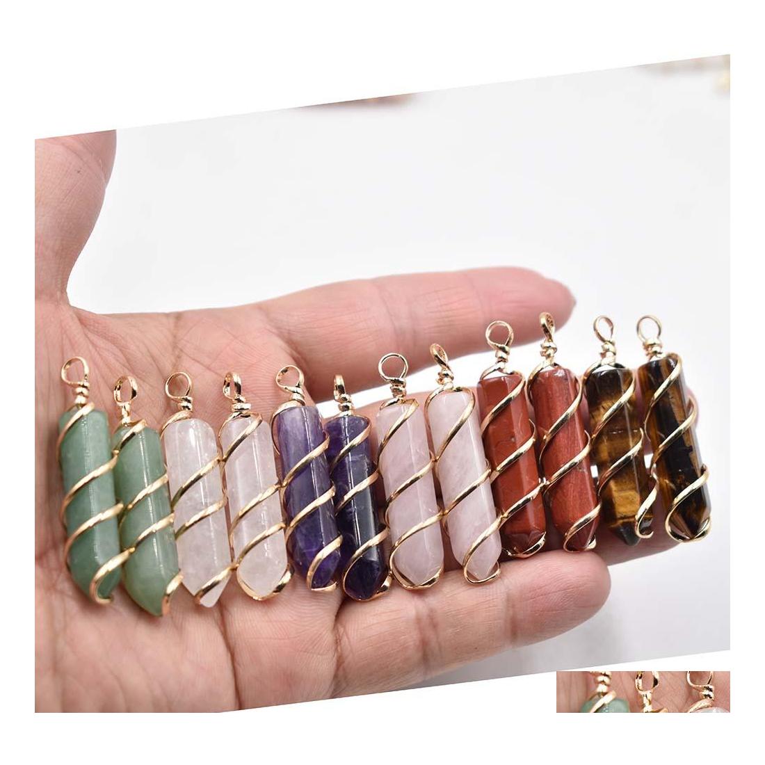 

Charms Natural Stone Pendants Healing Pendum Amethyst Rose Quartz Sier Gold Wire Hexagon Agate Onyx Reiki Crystal Diy Jewel Sport1 D Dhtj2