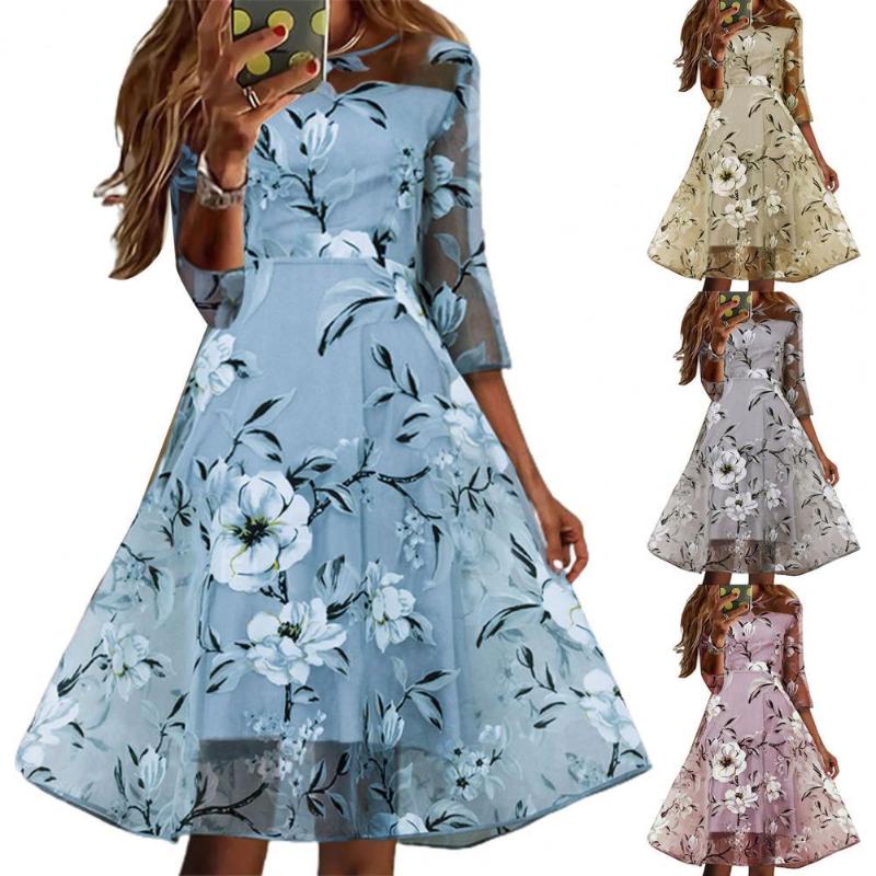 

Casual Dresses Formal Dress Floral Print Large Hem Summer Vintage Waist Tight Midi For PartyCasual, Khaki
