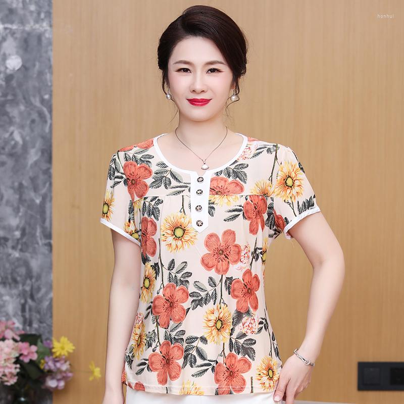 

Women's Blouses Elegant Female Summer Casual Loose Middle-aged Woman Tops 2023 Short Sleeve Thin Chic Shirt With Print