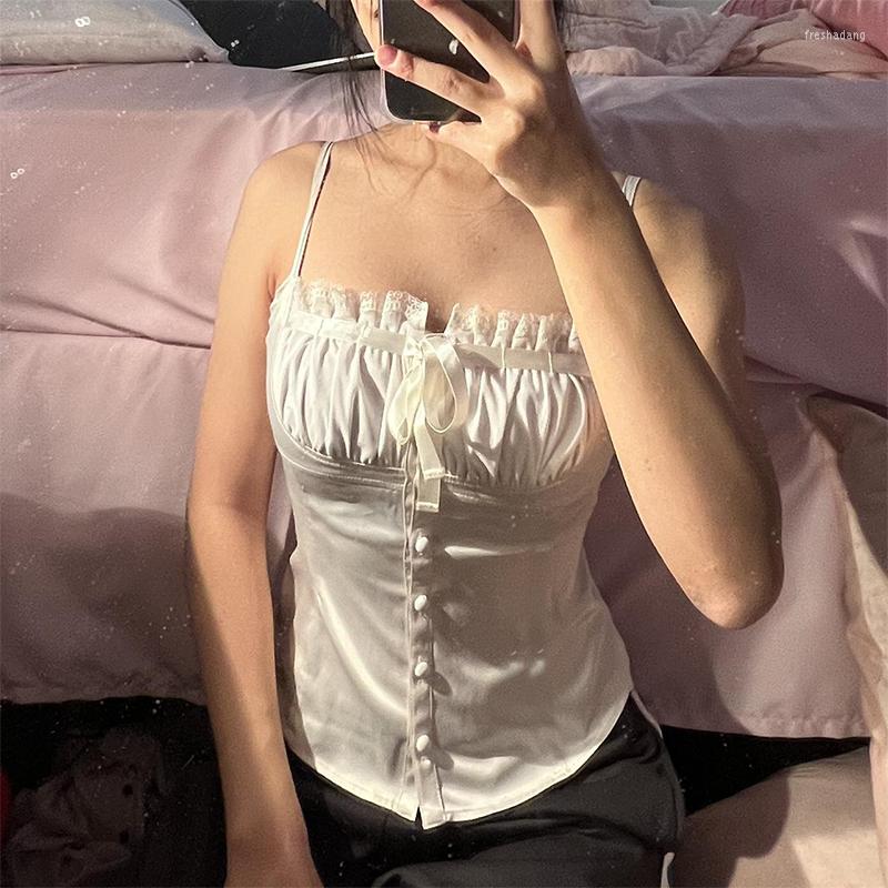 

Women' Tanks Elegant Lace Up Chiffon Female Crop Tops Summer Fashion Women Camisole Beach Harajuku Sexy Sleeveless Top Tees Shirt 2023, White