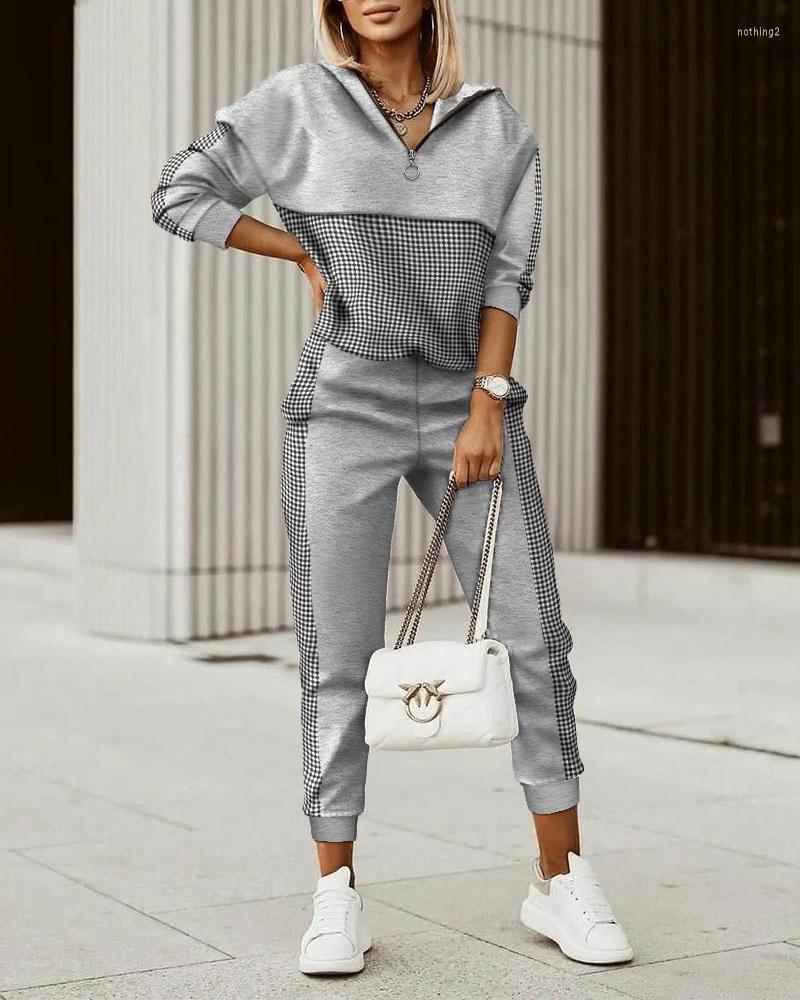 

Women' Two Piece Pants Autumn Women Plaid Patchwork Zipper Hoodie & Sets 2023 Femme Casual Long Sleeve Tracksuits Set Lady Sporty, Gray