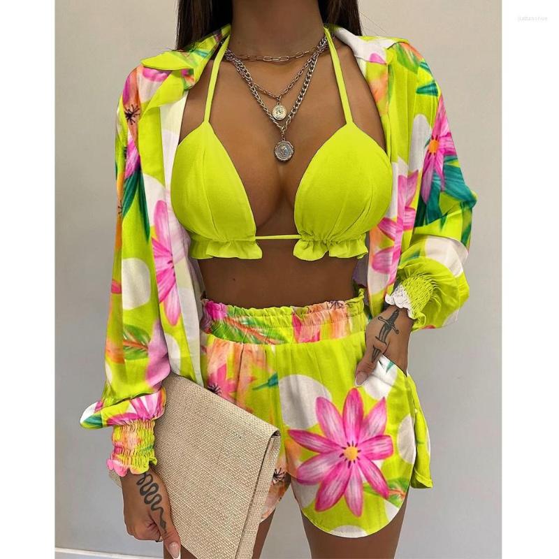 

Women' Tracksuits Summer Women Floral Print Lantern Sleeve Shirt & Pocket Design Shorts Sets With Frill Hem Crop Top 2023 Femme 3PCS, Orange