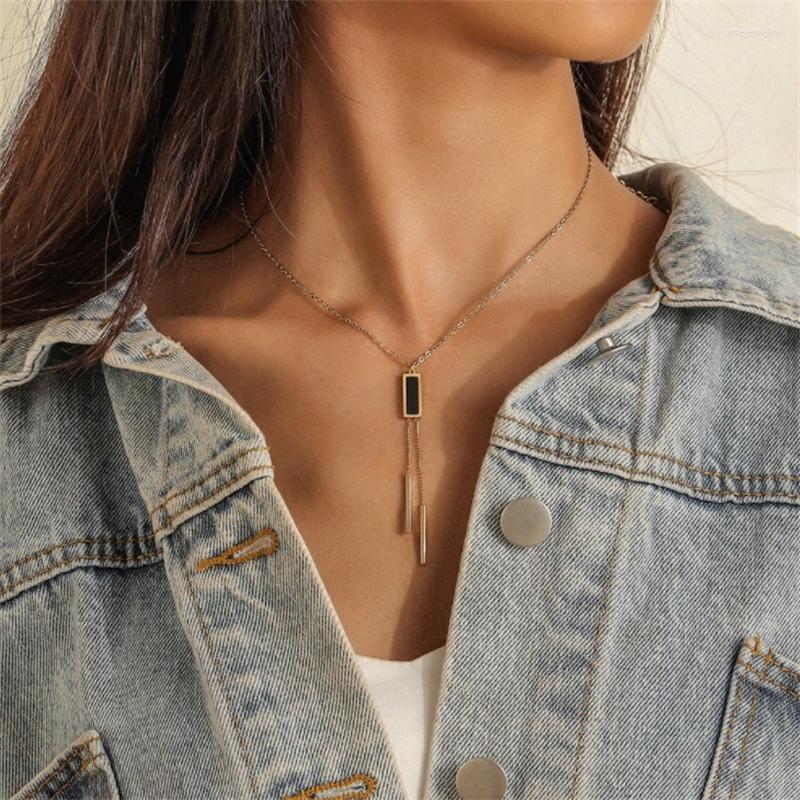 

Pendant Necklaces WeSparking EMO Stainless Steel Geometric Rectangle Black Drip Tassel Necklace Clavicle Chain For Women