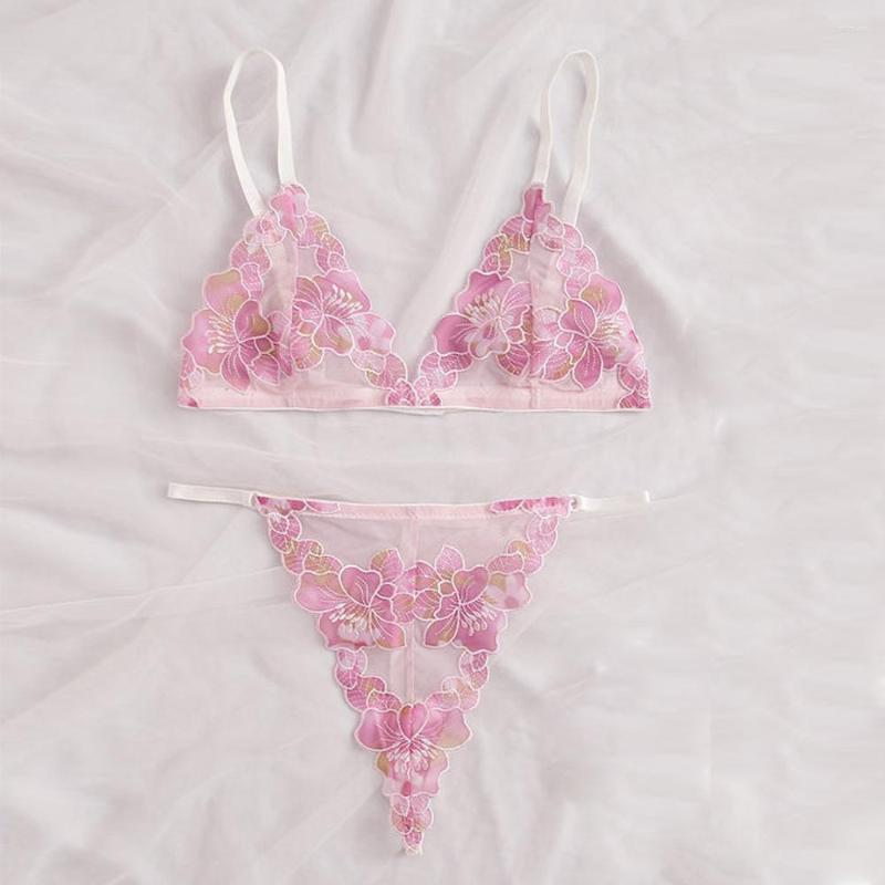 

Bras Sets Women Sexy Lingerie Floral Embroidery Underwear Perspective Sensual Lace Erotic Night Bra And Thong 2 Pieces Set, Pink