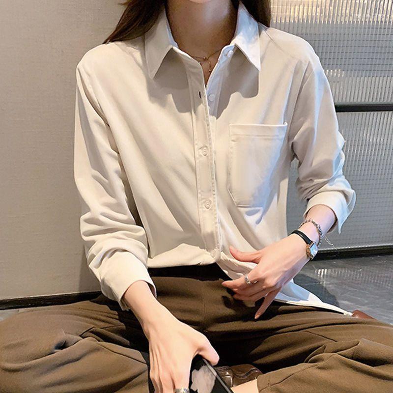 

Women's Blouses Women's Elegant Solid Color Basic Turn-down Collar Shirt Fashion Loose Long Sleeve Pockets Blouse Female Clothing Autumn, Khaki
