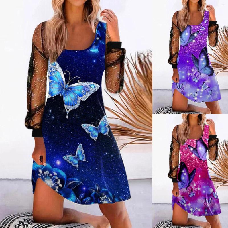 

Casual Dresses Women Dress Summer Sexy Printed Mesh Spring Long Sleeve Mid T Shirt For, Blue