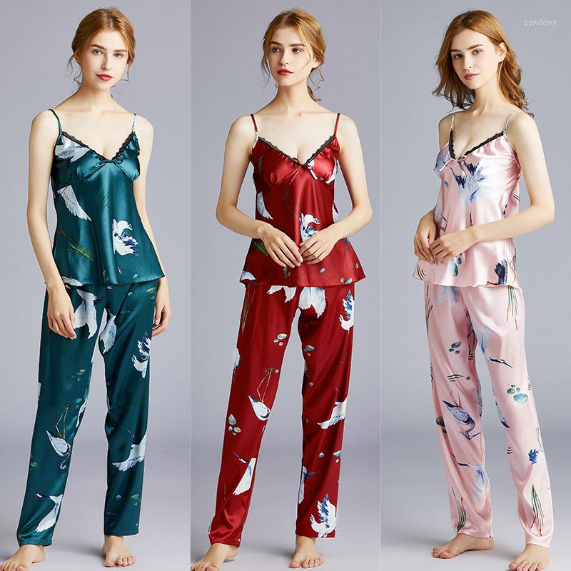 

Women' Sleepwear Ice Silk Harness Pajama Set Summer Lace Print Pajamas For Women Ladies Nightgown Two Piece Trousers Full Length, Green