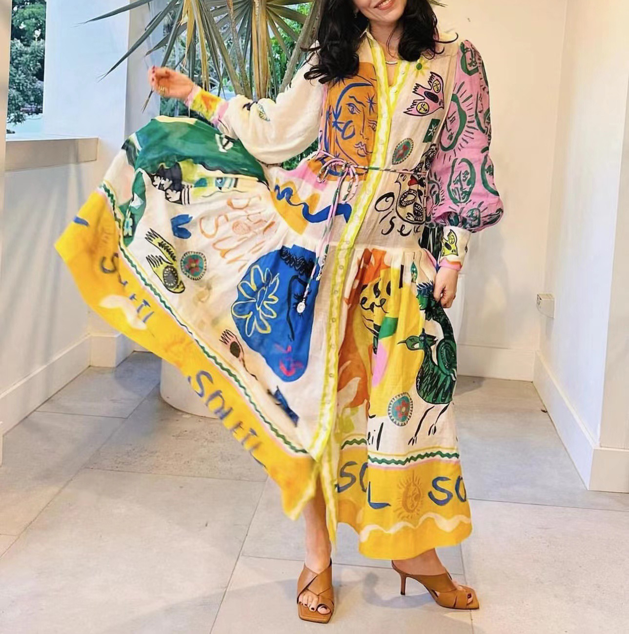 

2023 australian designer Fancy dress Womens lapel neck lantern sleeve T-shirt skirt, Multi