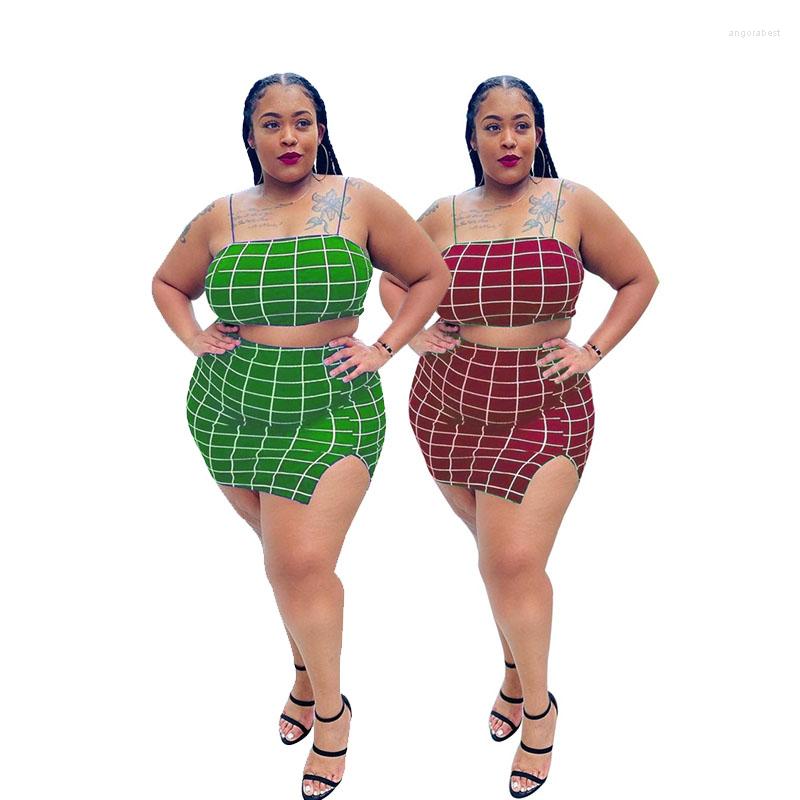 

Tracksuits Summer Streetwear 2 Piece Set Women Skirt And Top Plaid Sexy Clubwear Bodycon Plus Size Two Outfits Wholesale Drop, Green