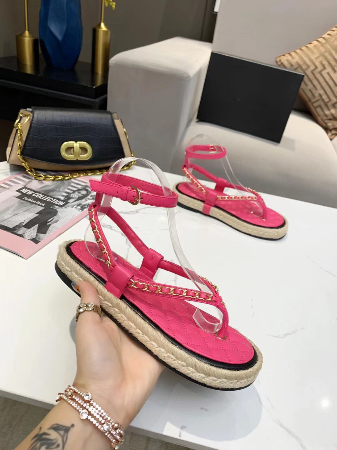 

2023 New Arrival Womens Sandal High Heels Flip Flops Elastic Back Strap Clip Toe Beads Flats Sandals Made In China 35-40, Red