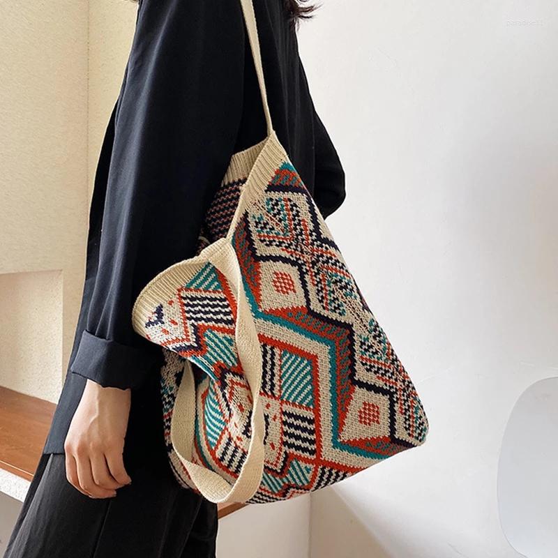 

Evening Bags Lady Knitting Gypsy Bohemian Boho Chic Aztec Tote Bag Women Sac Crochet Woolen Open Shopper Top-handle Female Daily Handbag, Beige