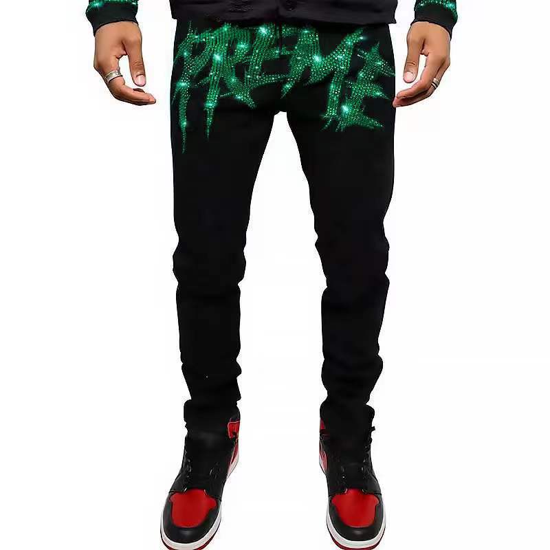 

Men's Jeans Mens Stretchy Ripped Skinny Hip Hop Slim Hole Black Trousers Punk Letter Rhinestones Streetwear Men Denim Pencil Pants 230216, Tz056-hole