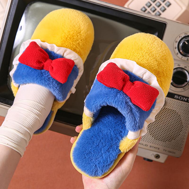 

Slippers Cute Bow Plush Fashion Kawaii Fluffy Winter Warm Women Baotou Flat Cotton Funny Shoes, Orange