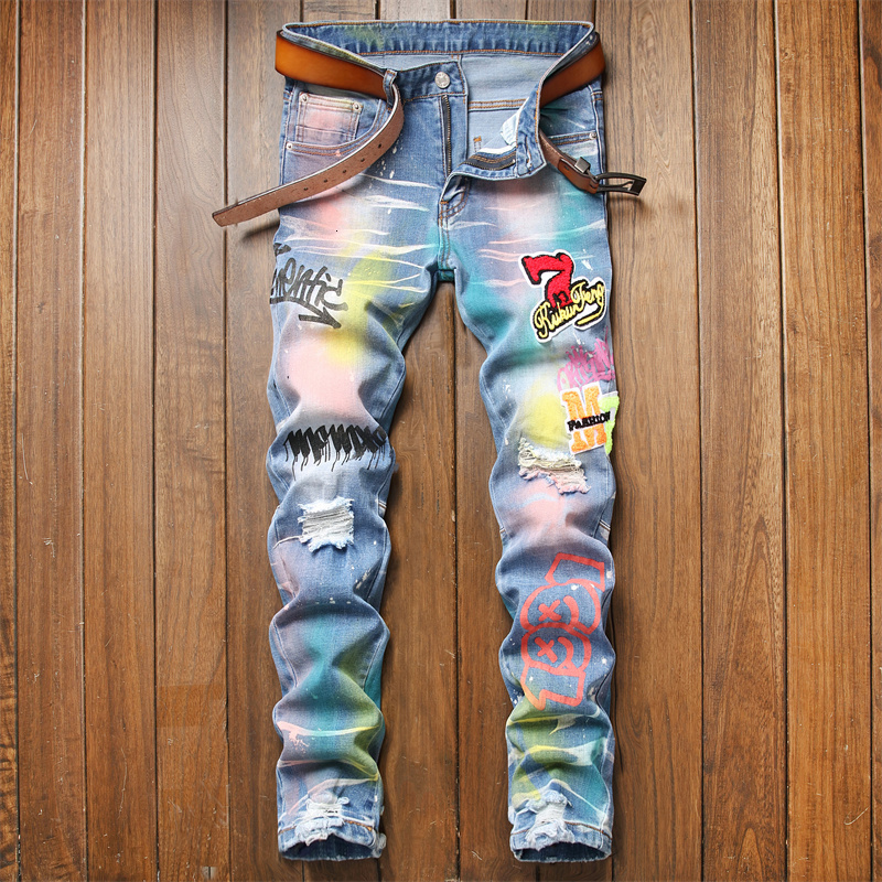 

Men's Jeans Jean Homme Printing Pantalones Hombre Jeans Men Pants Slim Denim Trousers Biker High Quality Male Straight Casual Designer 230217, Blue