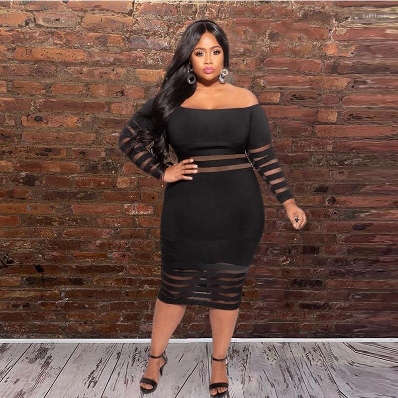 

Plus Size Dresses Clothing For Women Sexy Off Shoulder Black Dress Lace Transparent Mesh Bandage Wholesale Drop