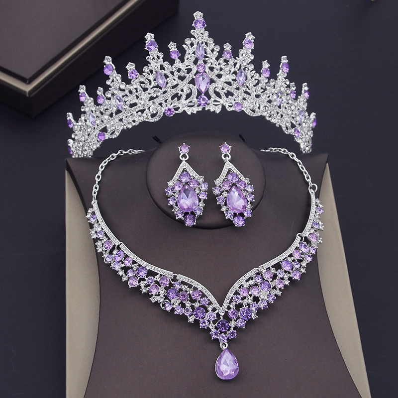 

Wedding Jewelry Sets Luxury Purple Crystal Bridal for Women Crown Earring Necklace Tiaras Bride Dubai 230216