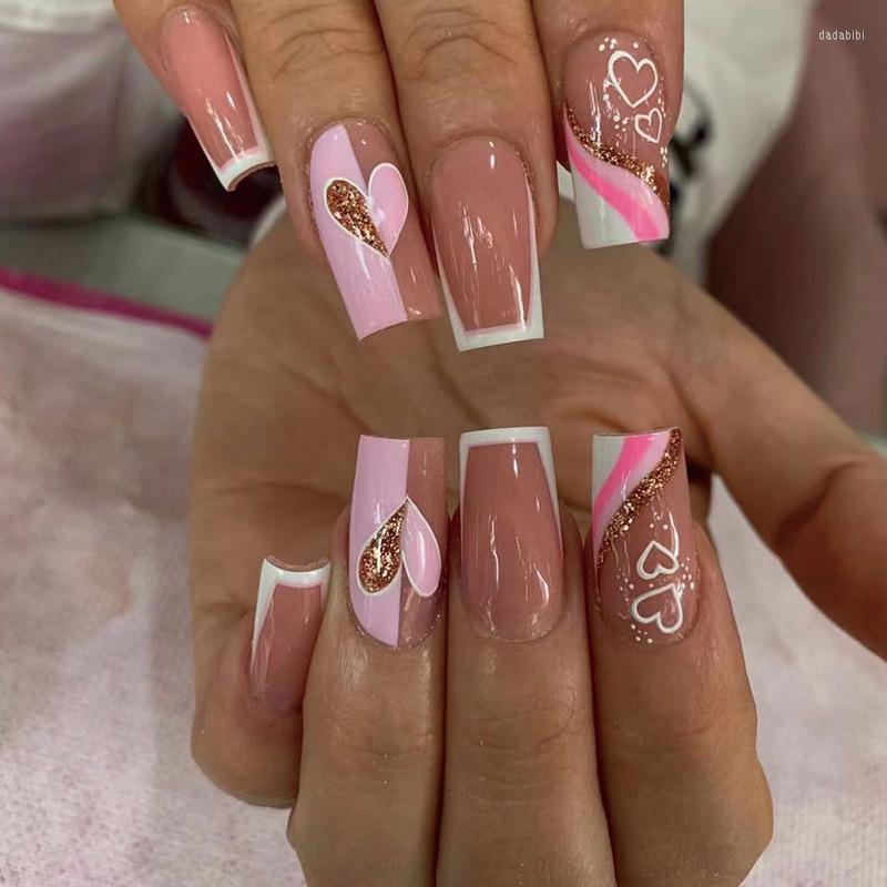 

False Nails 24pcs Pink With Chain Artificial Acrylic Nail Tips Press On Medium Length Ballerina Full Cover Coffin, Heart