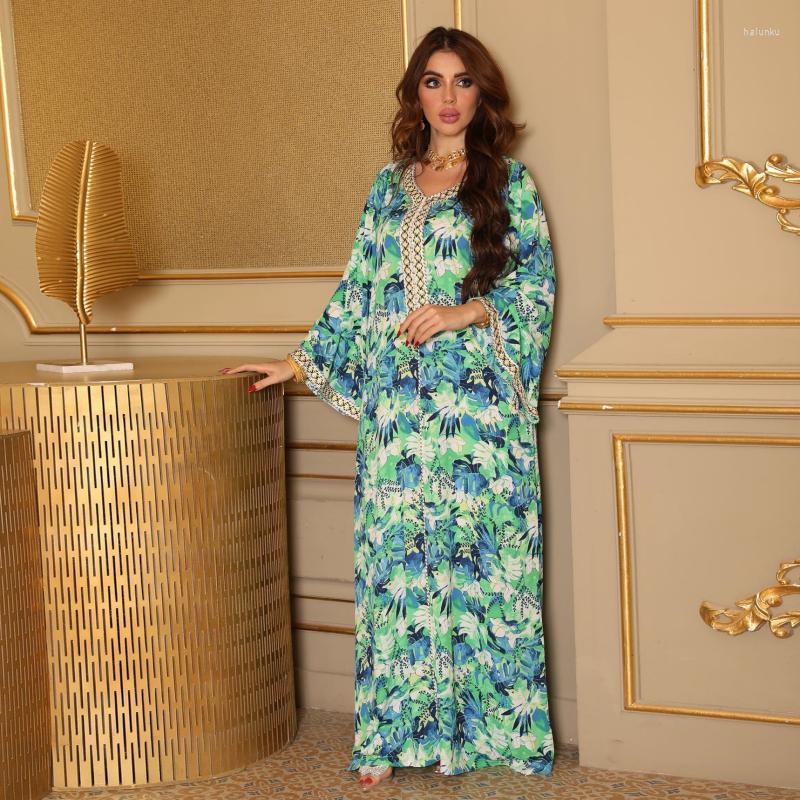 

Ethnic Clothing Green Flower Print Robes Abaya Dubai Turkey Maxi Eid Muslim Hijab Dress For Women Islamic Arabia Party Caftan Femme