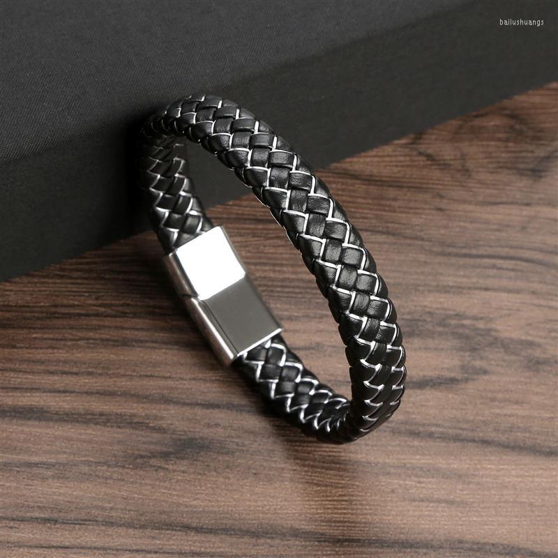 

Charm Bracelets Trendy Men Leather Bracelet Black Braided Rope For Stainless Steel Magnetic Clasp Bangles Jewelry Gift