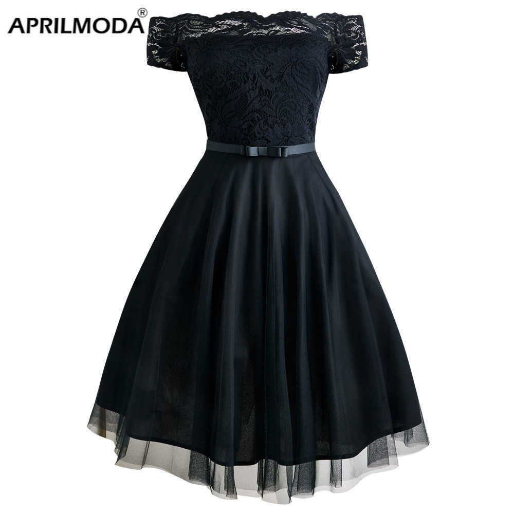 

Casual Dresses Women Vintage Lace Dress Red Black Green Slash Neck Tulle Midi Chic Retro Gothic 50s Jurken Swing Party Clothing Z0216, 005