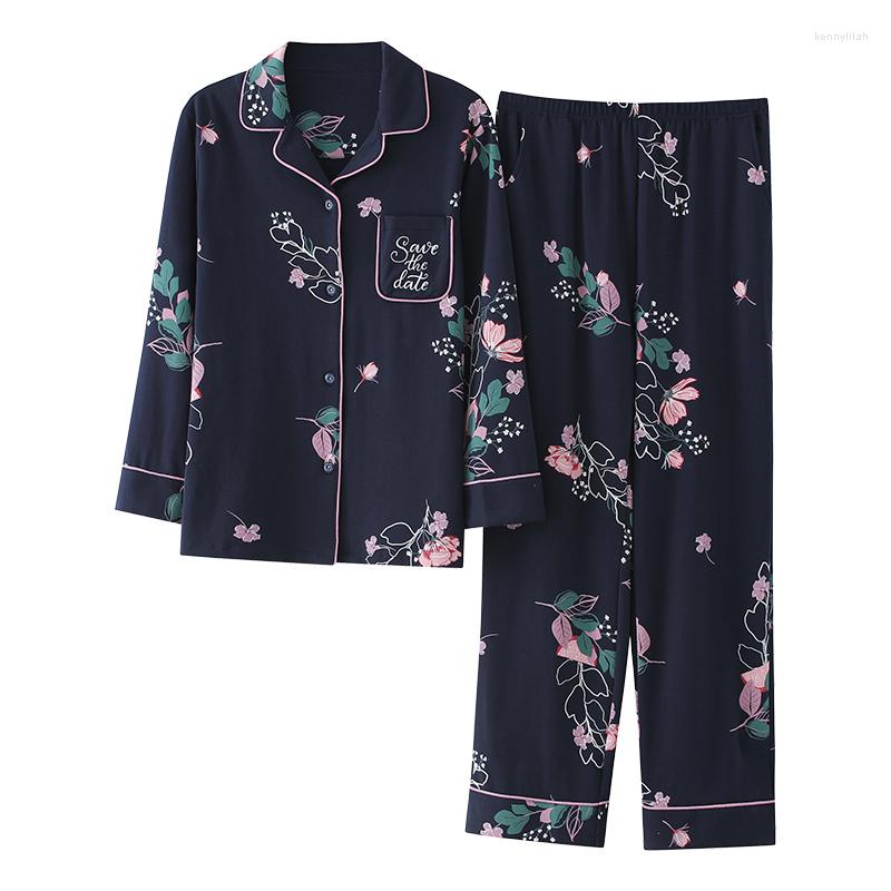 

Women's Sleepwear Spring Ladies Pajamas Set Floral Printed Full Cotton Fresh Style Women Turn-down Collar Female Casual Homewear 3XL, Lm2151