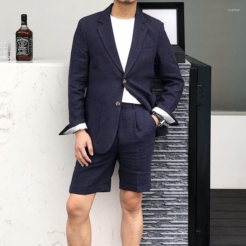 

Men's Suits Spring Summer Fashion Mens Blazer Shorts Two Piece Set Solid Color Vintage Office Man Business Casual Linen Matching Sets, White