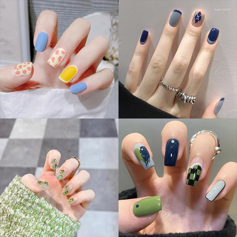 

False Nails 24Pcs Short Square Green Geometry Checkered French Fake Ballerina Full Cover Press Glue On, Zzj154