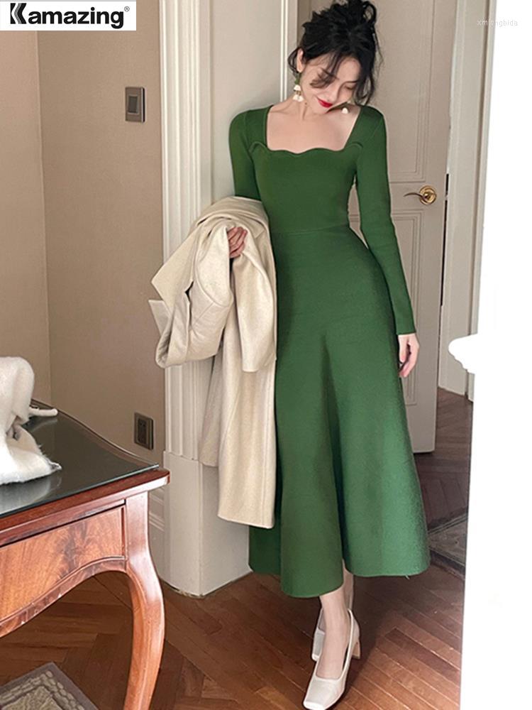 

Casual Dresses Women Autumn Spring Sweater Knitted Female Fashion Elegant Long Sleeve A Line Robe, Black