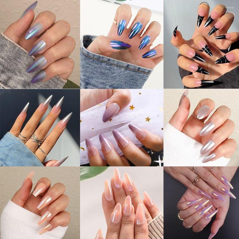 

False Nails 24pcs Nail Tips Mirror Aurora DIY Gradient Full Cover Fake Almond Long French, Bks152