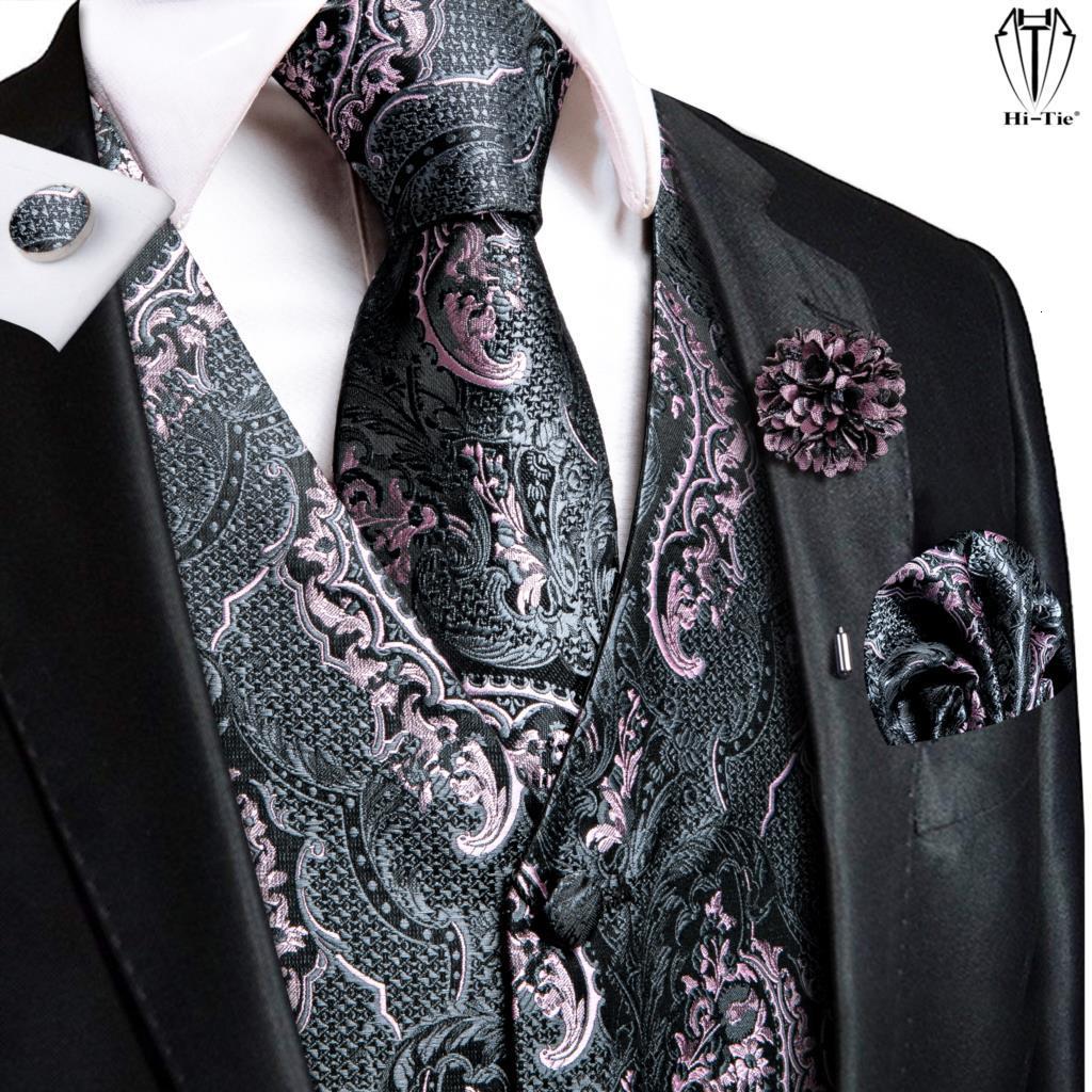 

Men's Vests Hi-Tie High Quality Silk Mens Vests Pink Gray Floral Waistcoat Tie Hanky Cufflinks Brooch Set for Men Suit Wedding Office Gift 230217, Mj-0018-0057
