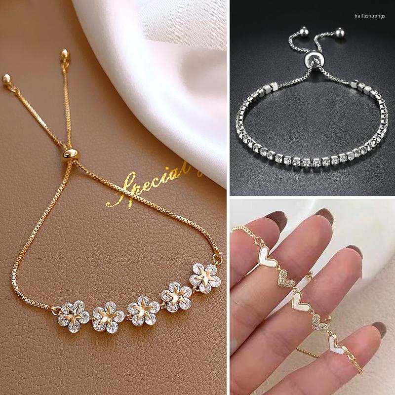 

Charm Bracelets Korean Elegant Fashion Rhinestone CZ Flowers Tennis Bracelet For Women Adjustable Female Wedding Party Jewelry Gift