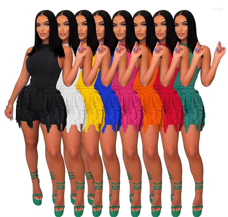 

Women's Tracksuits Women Solid 2 Piece Set Sleeveless Tank Bodysuits Top Tassel Shorts Matching Suits 2023 Summer Yoga Fitness Outfits, Orange