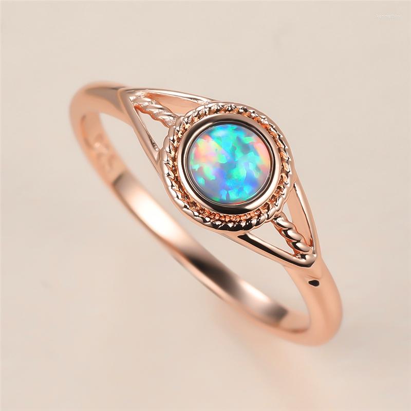 

Wedding Rings Simple Female Blue Opal Stone Ring Charm Rose Gold Color Thin For Women Luxury Bride Round Hollow Engagement