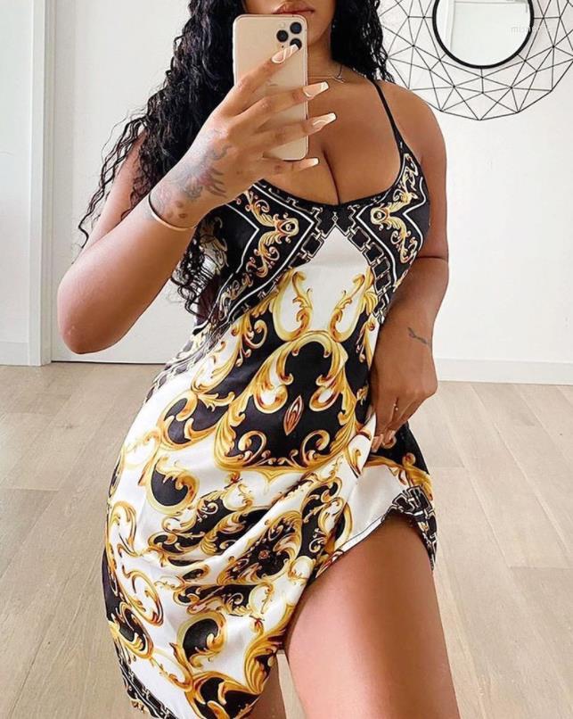 

Casual Dresses Women's 2023 Summer Fashion Baroque Print Spaghetti Strap Sleeveless Low Cut Mini Cami Dress