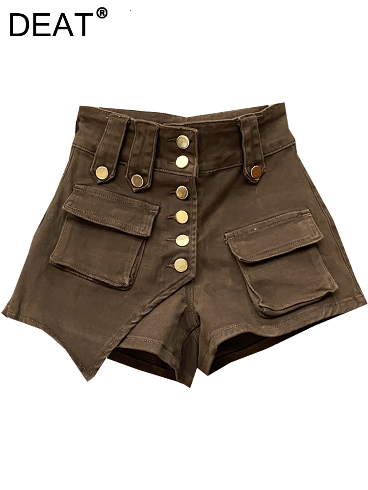 

Women's Shorts DEAT Fashion Denim Single Breasted High Waist Pocket Straight Solid Color Short Jeans Spring 2023 17A6424 230217, Brown