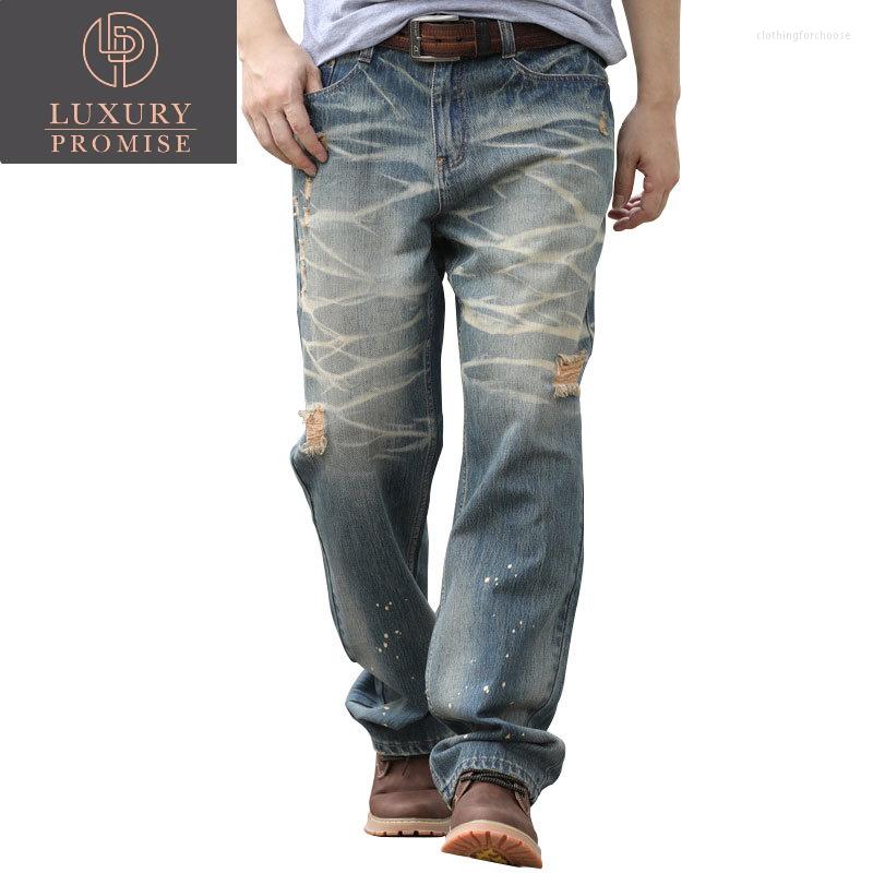 

Men's Jeans Men Baggy Trousers Leisure Hole Stripe Straight Large Size Wide LegDenim Pants Hip Hop Streetwear Blue Tattered
