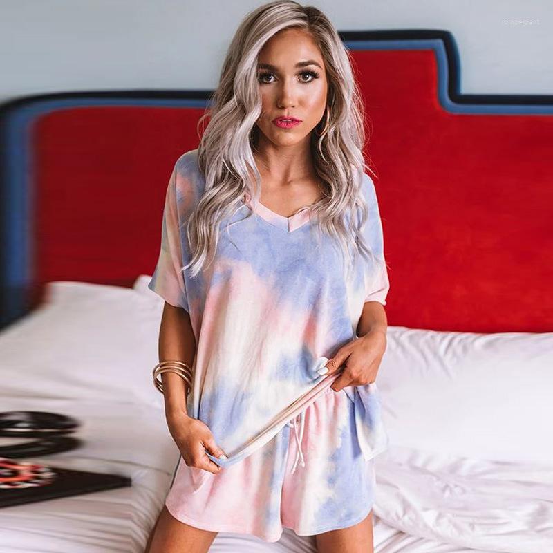 

Women' Sleepwear Women' Pajamas Tie-dye Printing V-neck Short-sleeved Plus Size Home Service Casual Night Suit 2023 Fashion Ladies