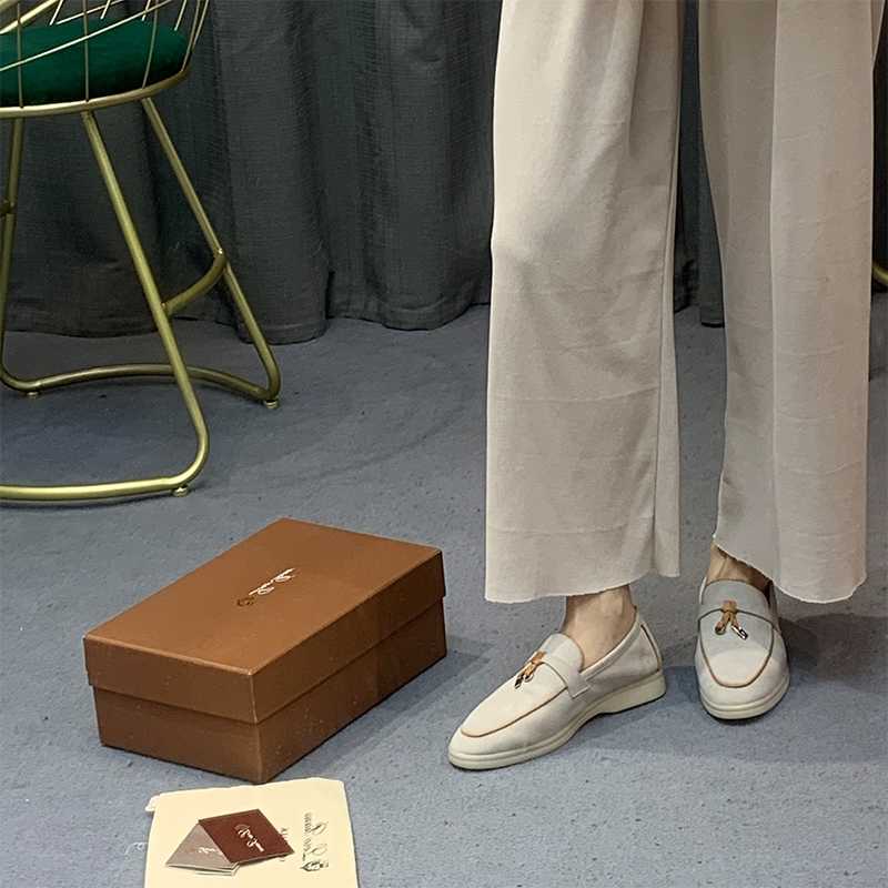 

Italy Designer Shoes Loropiana Pure Original Lofo Shoes Flat Bottom Soft and Suitable for Edging Leather Velvet One-footed Women's Shoes, Brown