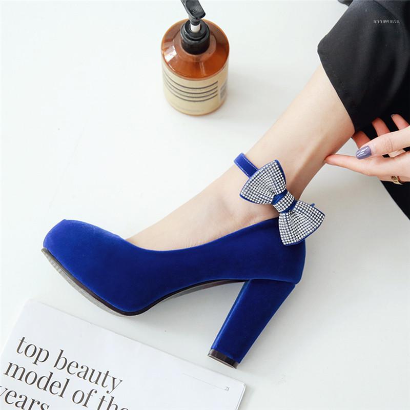 

Dress Shoes Rimocy Women's Plus Size 45 Crystal Bowtie Pumps Super High Square Heels Ankle Strap Party Wedding Woman Flock 2023, Blue