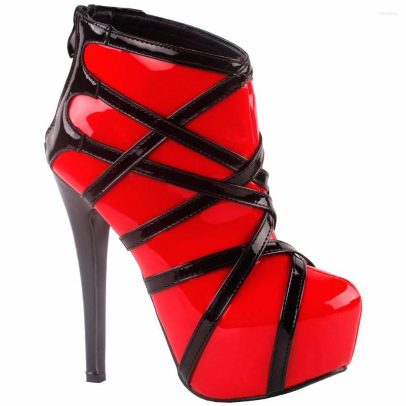 

Dress Shoes LF80858 Show Story Punk Red Black Strappy Platform Stiletto Ankle Bootie Boots