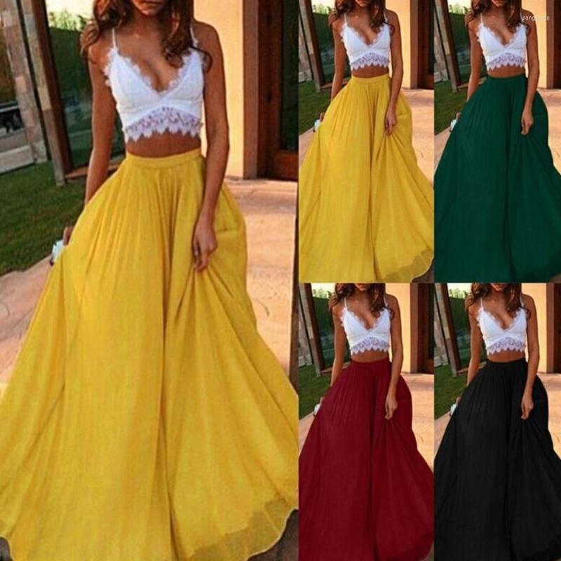 

Skirts !!! Arrival Fashion Women Solid Color Chiffon Elastic Waist Party Double Swing Long Skirt Wholesale Drop, Black