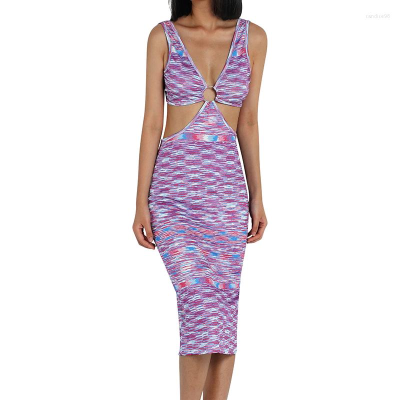 

Casual Dresses Summer Women Long Dress Splicing Printing Deep V-Neck Sleeveless Hollow-Waist Sheath Clothes For Female Ladies Fashion, Purple