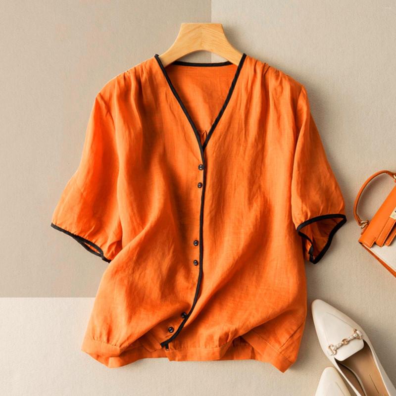 

Women's Blouses Womens Fashion Tops Solid Color Cotton Linen Shirts Loose Dolls Small Three Quarter Sleeve, Orange