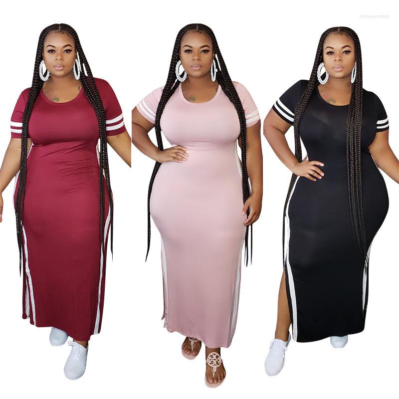 

Plus Size Dresses Summer Fashion Patchwork T Shirt Dress O-neck High Waist Split Sportswear Bodycon Wholesale Drop, Black
